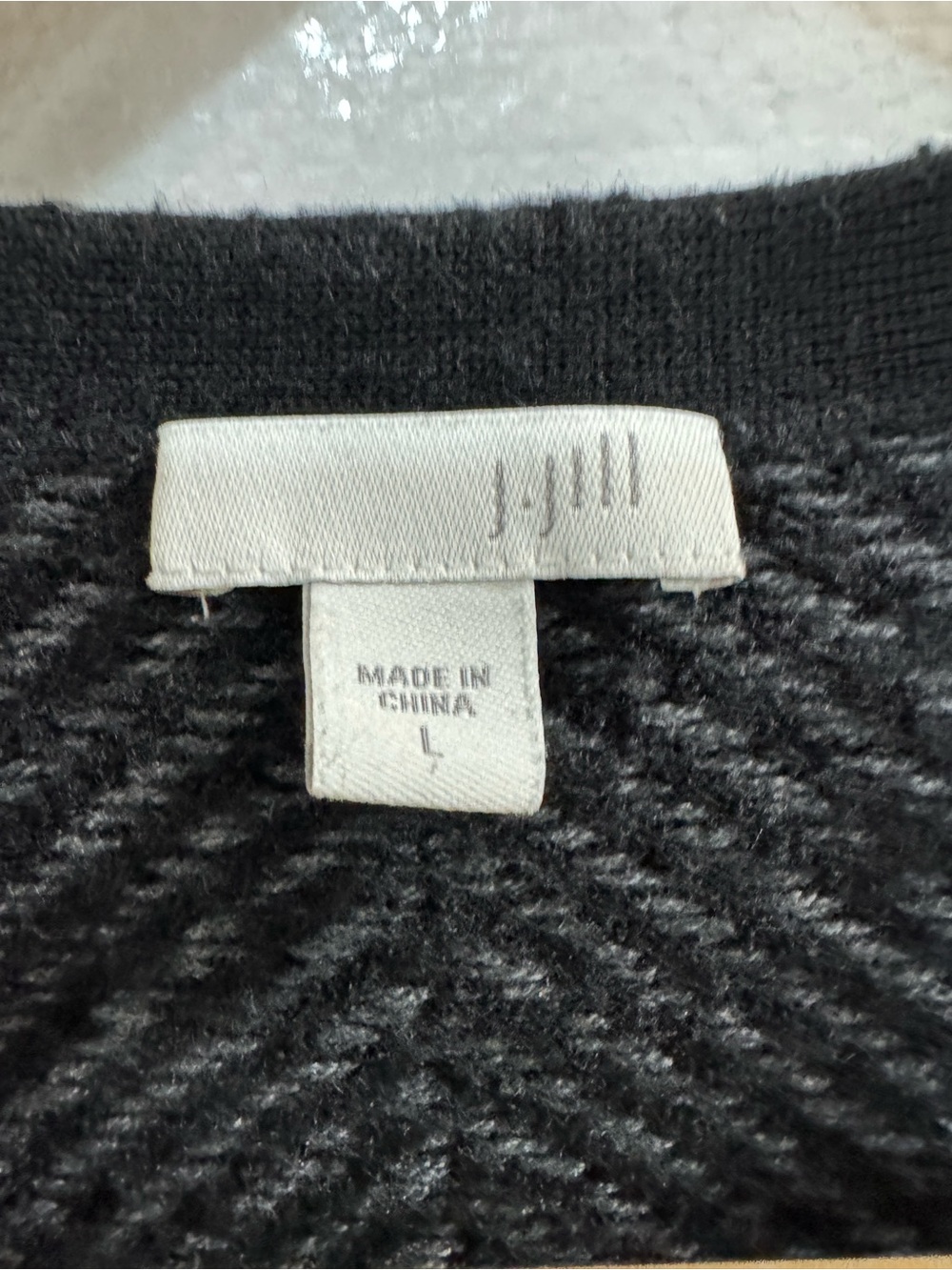 J. Jill Gray Black Herringbone Open Front Cardigan Sweater Wool Blend Pockets L - Picture 6 of 9